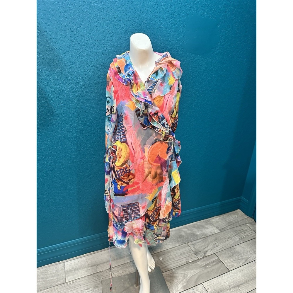 Elsie & Fred Moxie Ruffle Collar Chiffon Y2K WrapDress In Collage Print M